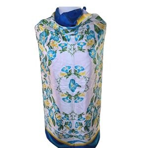 Botanical Floral Silk Feel Scarf Godiva Chocolatier Blue Yellow‎ OS
